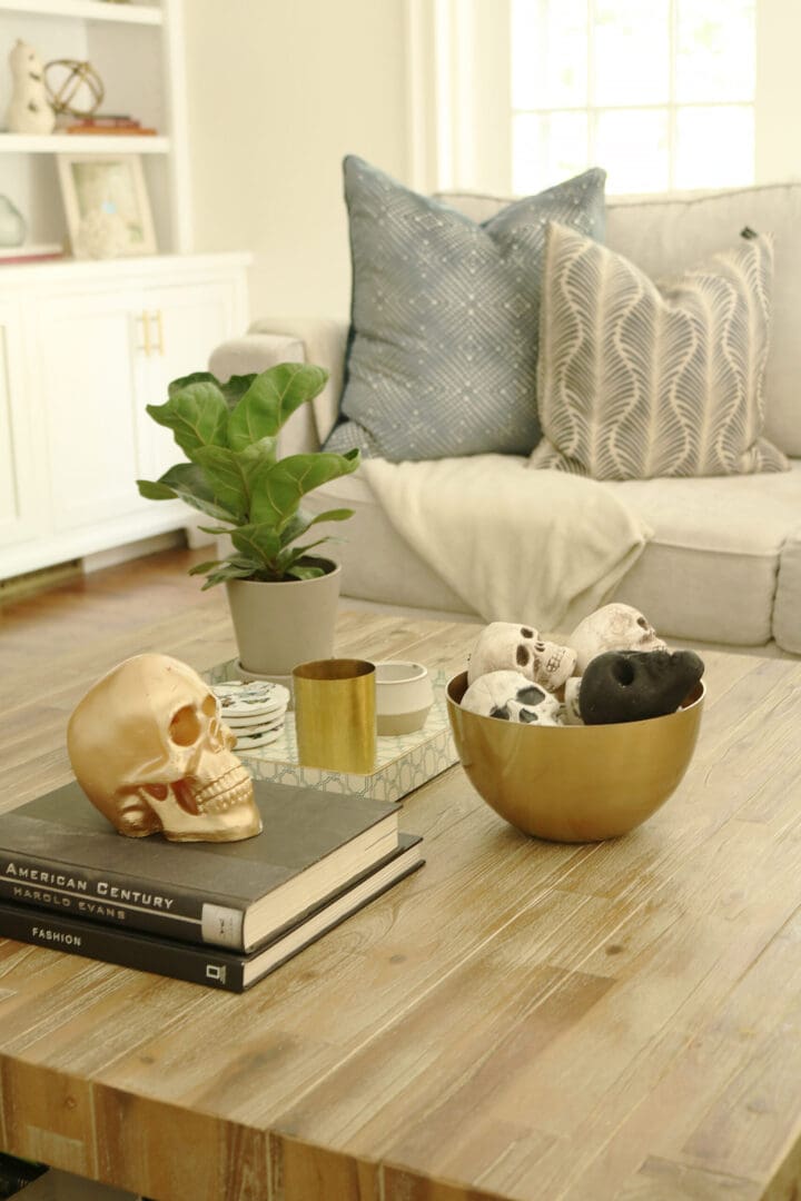 Our not-so-spooky Halloween Decorations with spiders and skeletons on coffee table-simple and easy spooky fun || Darling Darleen Top CT Lifestyle Blogger #darlingdarleen #halloweendecorations