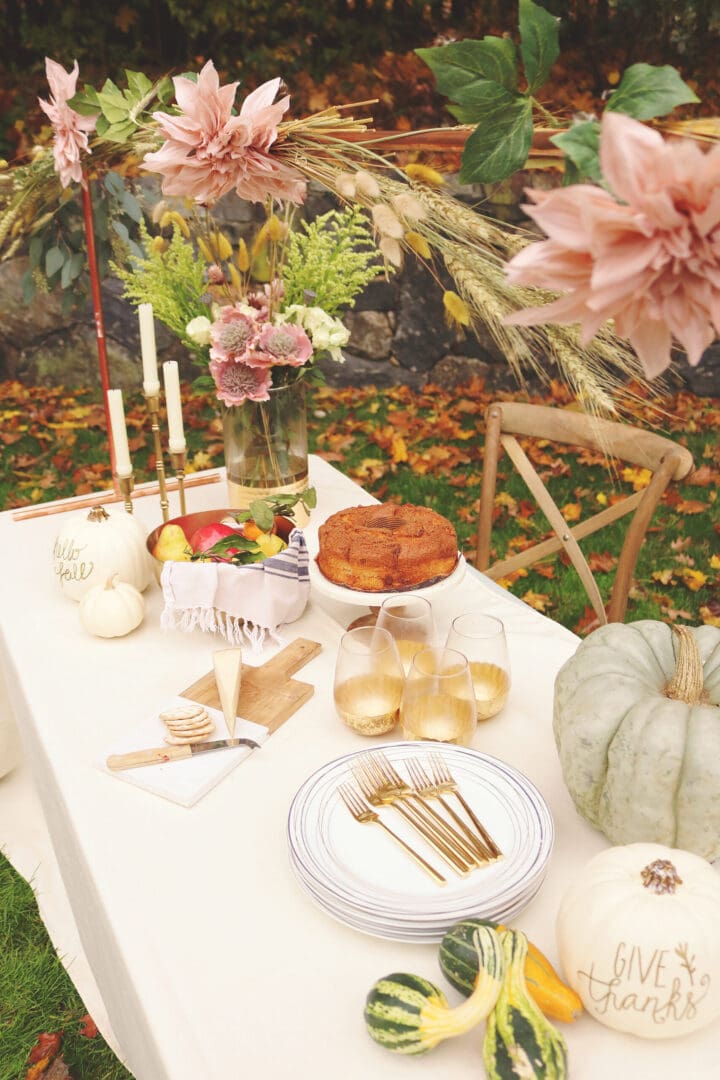 Outdoor Thanksgiving Table plus an easy DIY Over-The-Table Floral Rod to Make Your Thanksgiving Table a Feast to Remember and to use for all your festive holidays.  || Darling Darleen Top Lifestyle CT Blogger #thanksgivingtable #thanksgiving #darlingdarleen 