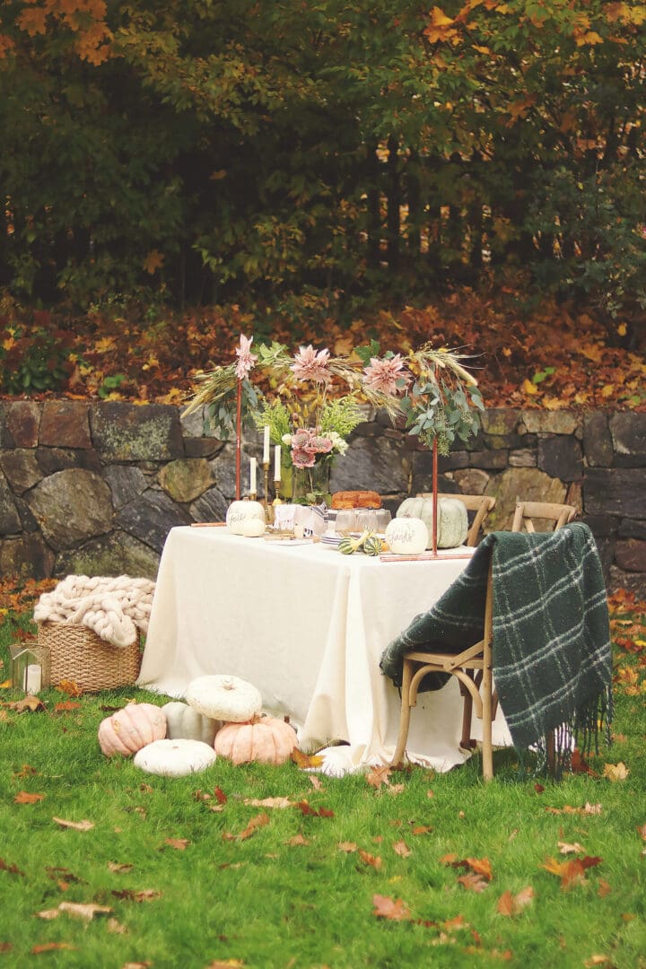 Outdoor Thanksgiving Table plus an easy DIY Over-The-Table Floral Rod to Make Your Thanksgiving Table a Feast to Remember and to use for all your festive holidays.  || Darling Darleen Top Lifestyle CT Blogger #thanksgivingtable #thanksgiving #darlingdarleen 