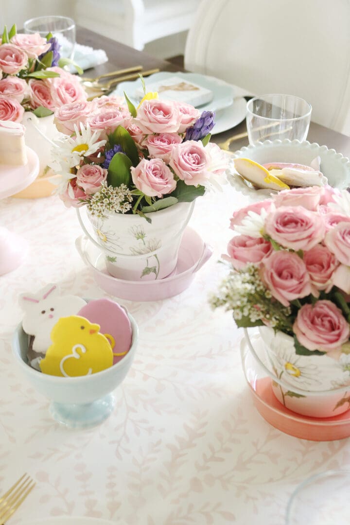 Playful Flowers and Cute Bunnies make a Happy Spring Easter Table, pink roses and daisy, little bunnies, easter table space ideas || Darling Darleen Top CT Lifestyle Blogger #darlingdarleen #eastertable