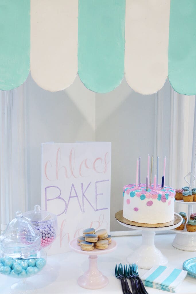 At-Home Cake Decorating Party/ Bake Shop Sign--easy tips, techniques, supplies and lots of sweets!  You don't have to be a cake decorator to make a pretty cake!  || Darling Darleen Top Lifestyle Blogger #darlingdparties #darlingdarleen #cakedecorating