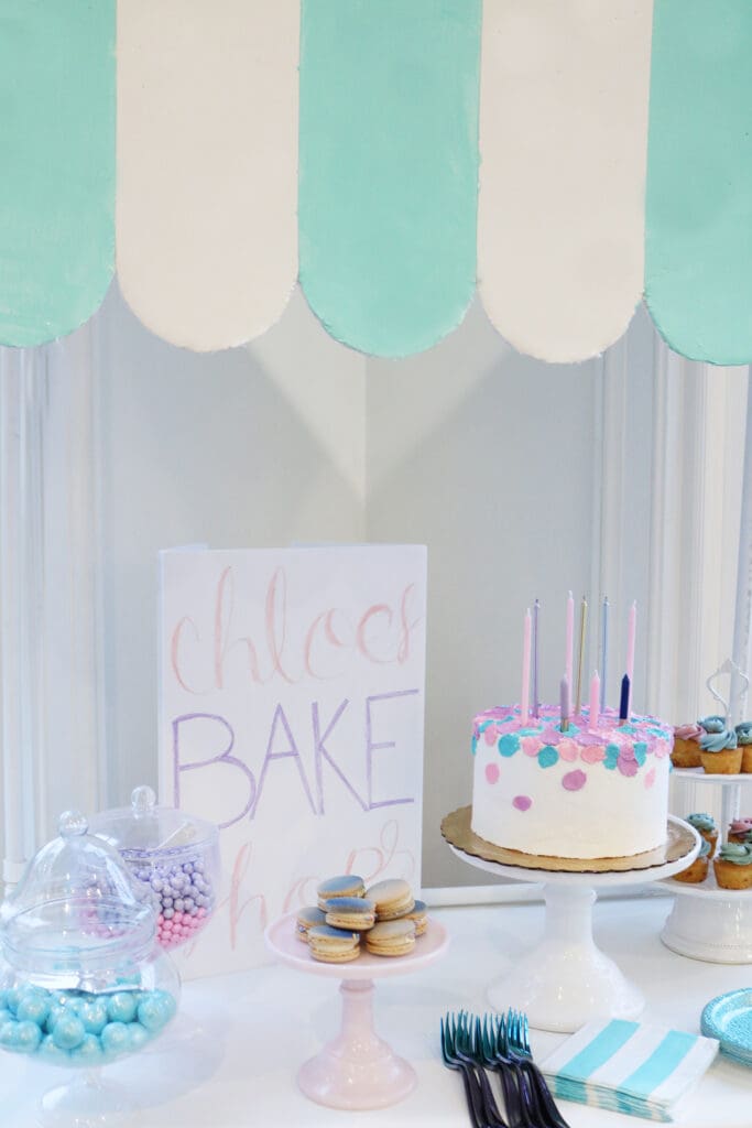 At-Home Cake Decorating Party/ Bake Shop Sign--easy tips, techniques, supplies and lots of sweets! You don't have to be a cake decorator to make a pretty cake! || Darling Darleen Top Lifestyle Blogger #darlingdparties #darlingdarleen #cakedecorating