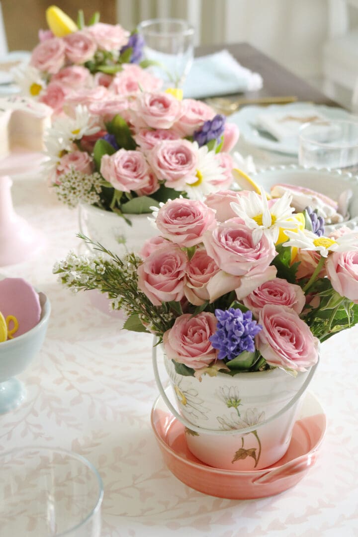 Playful Flowers and Cute Bunnies make a Happy Spring Easter Table, pink roses and daisy, little bunnies, easter table space ideas || Darling Darleen Top CT Lifestyle Blogger #darlingdarleen #eastertable