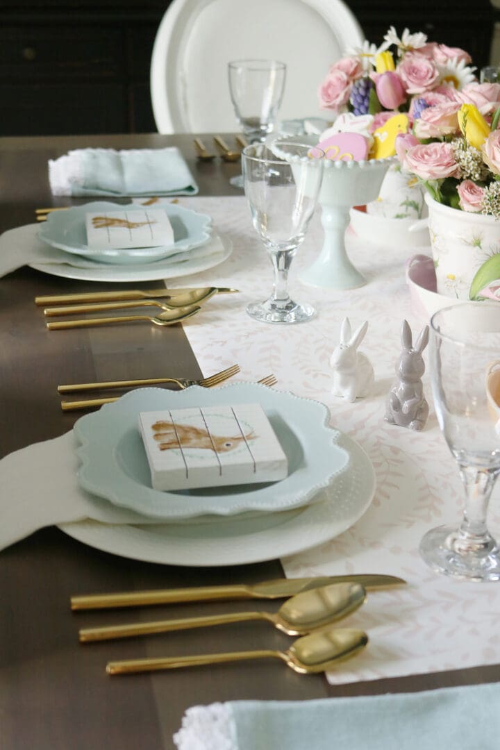 Playful Flowers and Cute Bunnies make a Happy Spring Easter Table, pink roses and daisy, little bunnies, easter table space ideas || Darling Darleen Top CT Lifestyle Blogger #darlingdarleen #eastertable