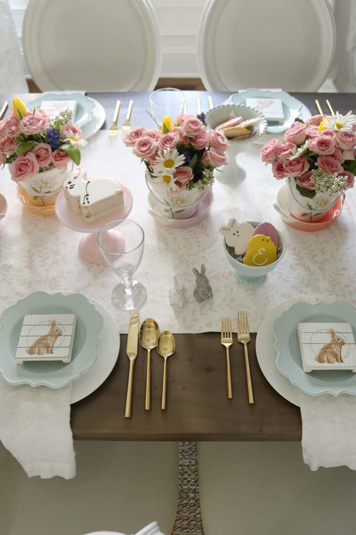 Playful Flowers and Cute Bunnies make a Happy Spring Easter Table, pink roses and daisy, little bunnies, easter table space ideas || Darling Darleen Top CT Lifestyle Blogger #darlingdarleen #eastertable