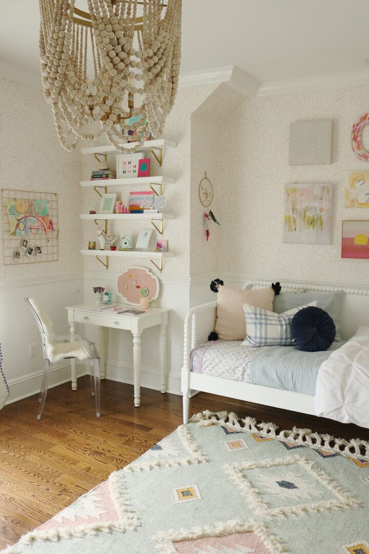 Light Blue Pink Girls Bedroom that mixes textures and art pieces.  It's playful and charming girl's bedroom.  Before and after bedroom, pastel colors girl bedroom, tween girl bedroom, Serena and lily priano wallpaper || Darling Darleen Top CT Lifestyle Blogger #girlsbedroom