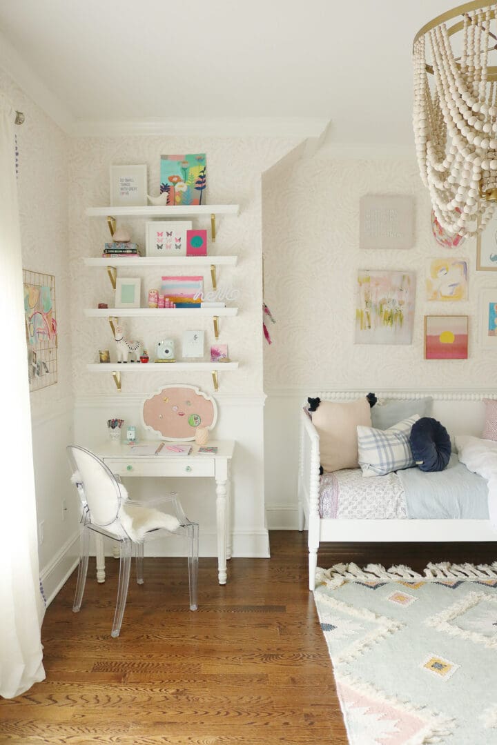 Light Blue Pink Girls Bedroom that mixes textures and art pieces.  It's playful and charming girl's bedroom.  Before and after bedroom, pastel colors girl bedroom, tween girl bedroom, Serena and lily priano wallpaper || Darling Darleen Top CT Lifestyle Blogger #girlsbedroom