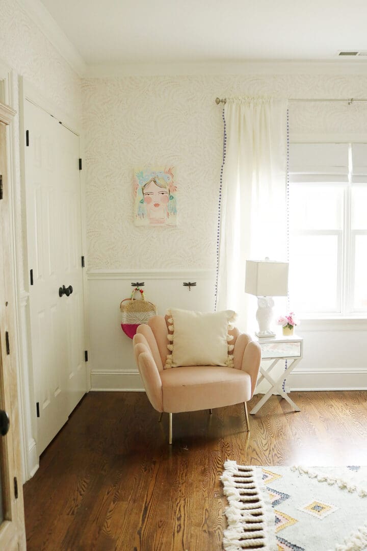 Light Blue Pink Girls Bedroom that mixes textures and art pieces.  It's playful and charming girl's bedroom.  Before and after bedroom, pastel colors girl bedroom, tween girl bedroom, Serena and lily priano wallpaper || Darling Darleen Top CT Lifestyle Blogger #girlsbedroom