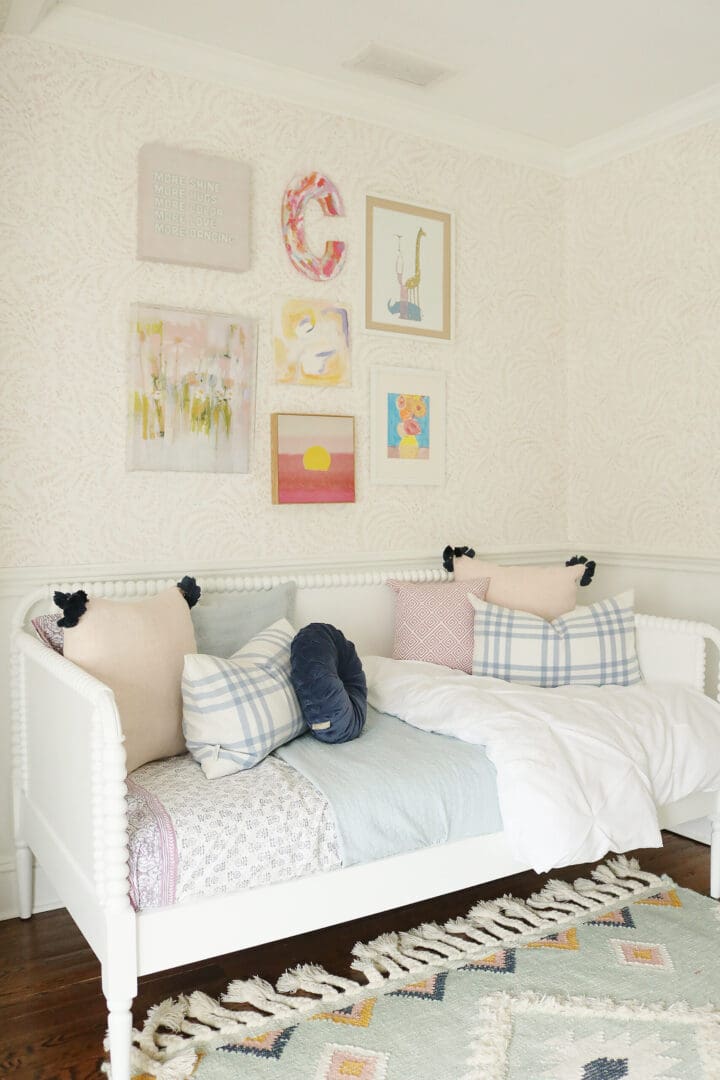 Light Blue Pink Girls Bedroom that mixes textures and art pieces.  It's playful and charming girl's bedroom.  Before and after bedroom, pastel colors girl bedroom, tween girl bedroom, Serena and lily priano wallpaper || Darling Darleen Top CT Lifestyle Blogger #girlsbedroom