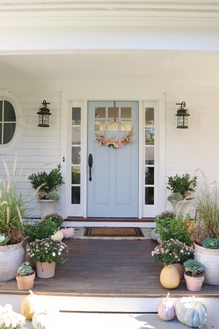 DIY Wooden Bead Fall Wreath with Dried and Faux Flowers for your front door or over a fireplace mantle.  The perfect Fall home decor || Darling Darleen Top CT Lifestyle Blogger