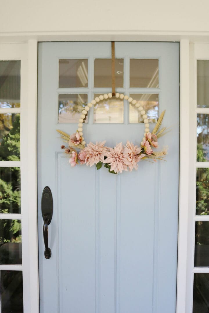 DIY Wooden Bead Fall Wreath with Dried and Faux Flowers for your front door or over a fireplace mantle.  The perfect Fall home decor || Darling Darleen Top CT Lifestyle Blogger 