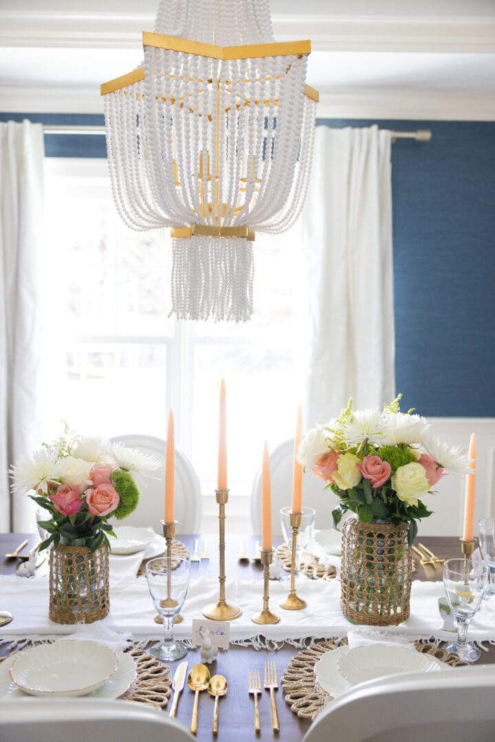 Soft Pinks and Greens Spring Flower Arrangements Combined with Rattan and woven Textures Create an Easter Spring Coastal Table to joy! || Darling Darleen Top CT Lifestyle Blogger