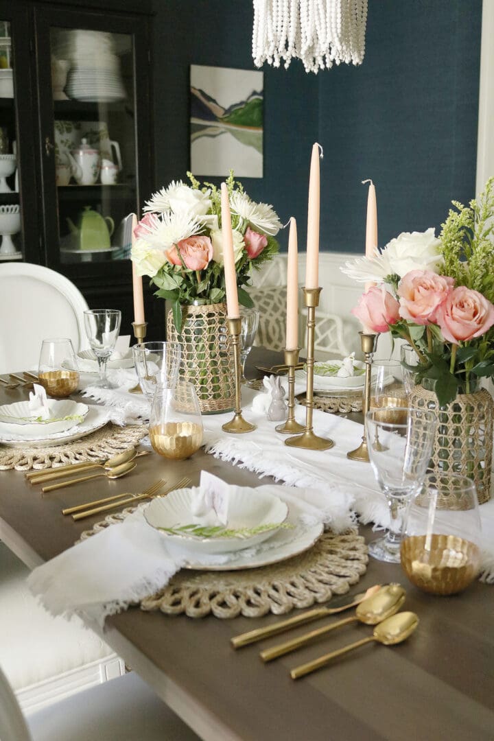 Soft Pinks and Greens Spring Flower Arrangements Combined with Rattan and woven Textures Create an Easter Spring Coastal Table to joy! || Darling Darleen Top CT Lifestyle Blogger