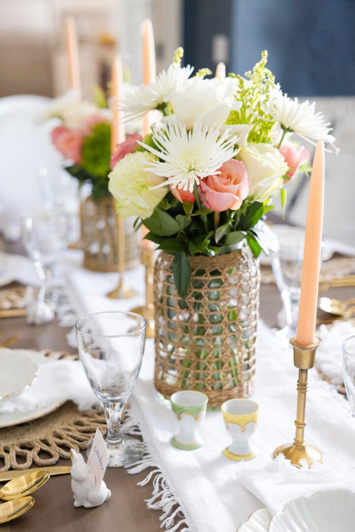 Soft Pinks and Greens Spring Flower Arrangements Combined with Rattan and woven Textures Create an Easter Spring Coastal Table to joy! || Darling Darleen Top CT Lifestyle Blogger