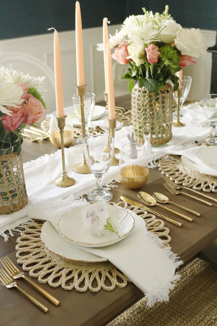 Soft Pinks and Greens Spring Flower Arrangements Combined with Rattan and woven Textures Create an Easter Spring Coastal Table to joy! || Darling Darleen Top CT Lifestyle Blogger