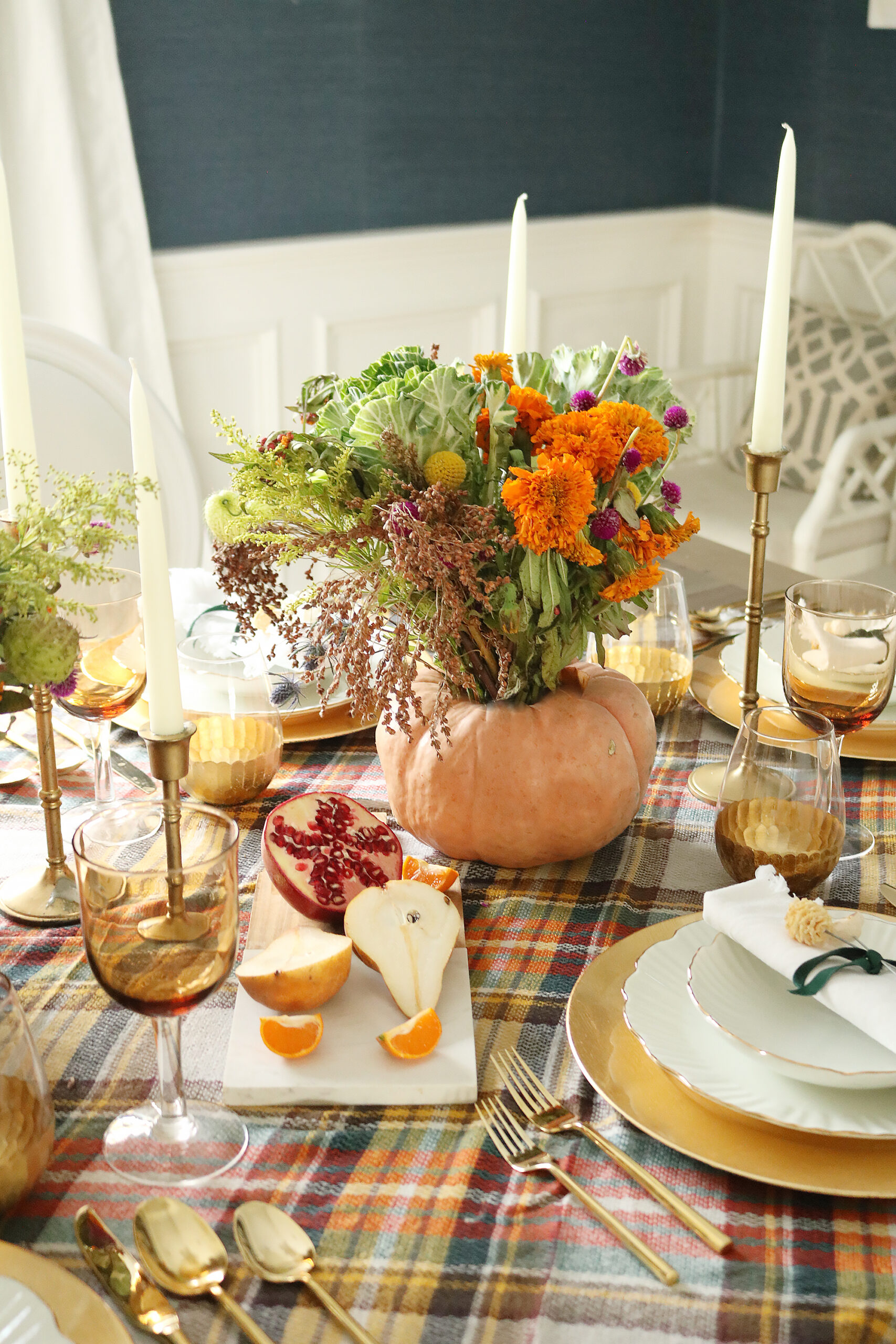 Pumpkin Gourd Flower Arrangements and Plaid Tablecloth for our Thanksgiving Tablescape makes it Fall Plaids for Thanksgiving || Darling Darleen Top CT Lifestyle Blogger