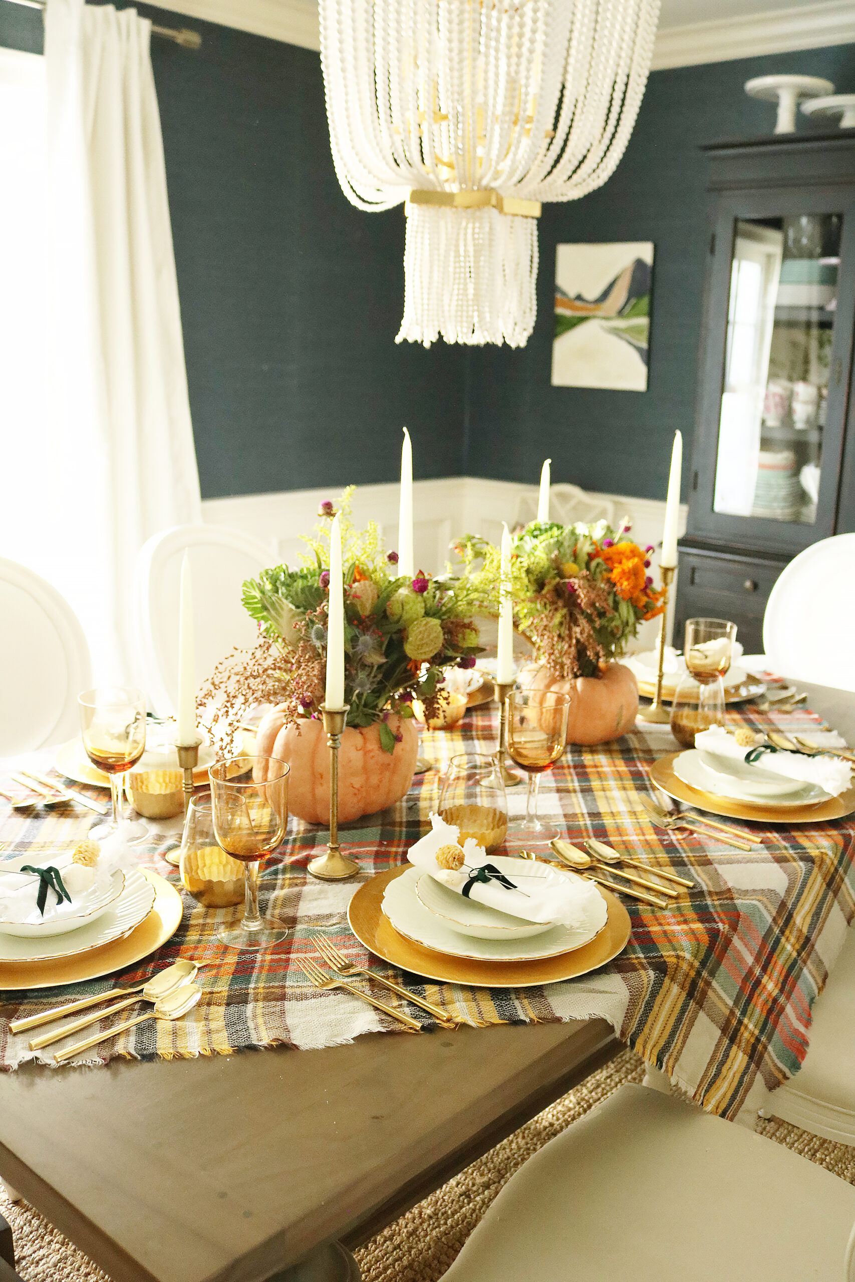 Pumpkin Gourd Flower Arrangements and Plaid Tablecloth for our Thanksgiving Tablescape makes it Fall Plaids for Thanksgiving || Darling Darleen Top CT Lifestyle Blogger