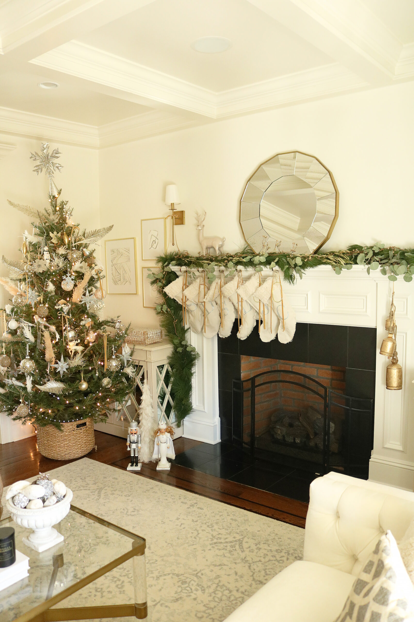 Our Christmas decorations with golden mustard-color yellow accents with ribbon and bells make It's a Golden Christmas looks pretty with the glitter ornaments. Darling Darleen Top CT Lifestyle Blogger #christmas #goldenchristmas