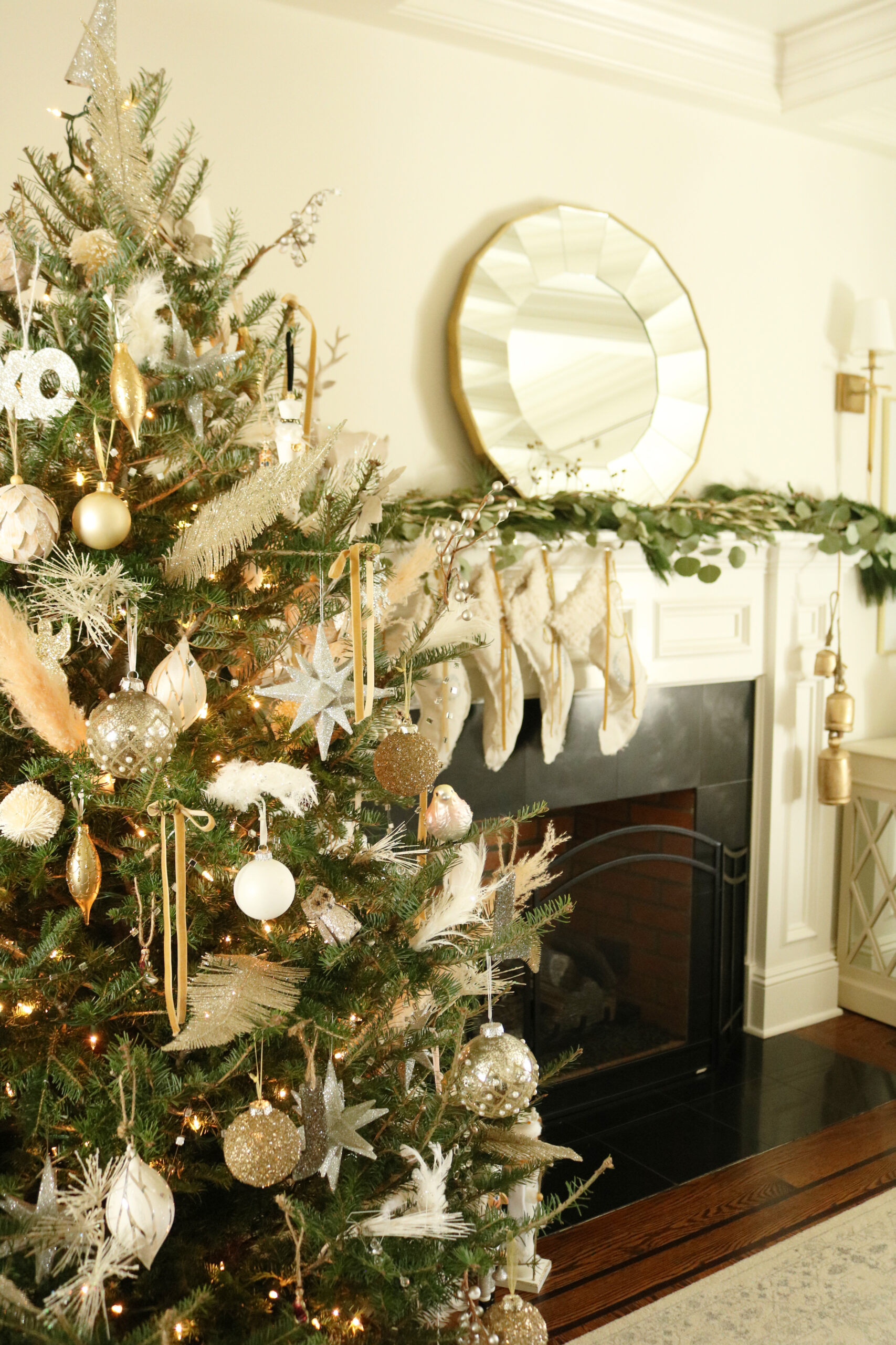 Our Christmas decorations with golden mustard-color yellow accents with ribbon and bells make It's a Golden Christmas looks pretty with the glitter ornaments. Darling Darleen Top CT Lifestyle Blogger #christmas #goldenchristmas