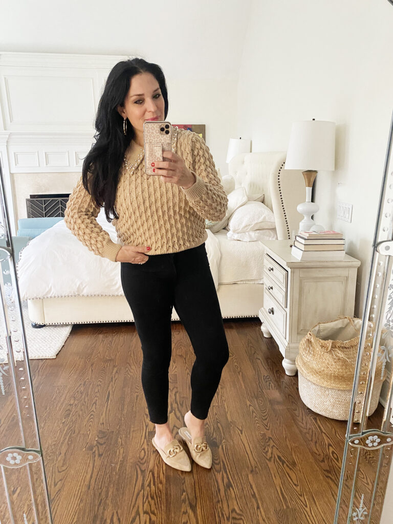 Favorite Sweater work outfits that are under $50 and for the Cold weather. Neutral simple colors that easily wear with black pants and mules. || Darling Darleen Top Lifestyle CT Blogger 