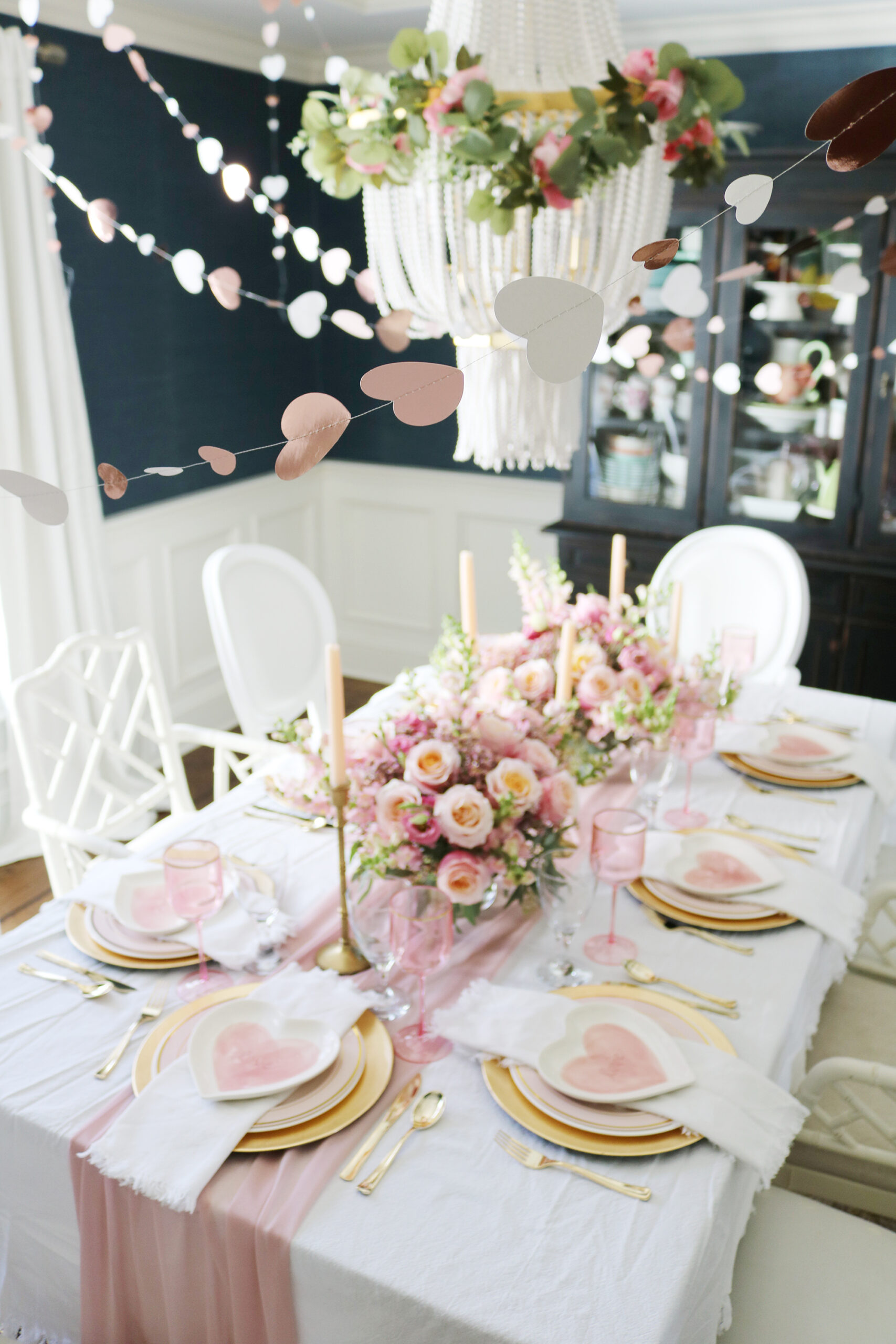 Hearts, Pink Roses and Love Written all Over this Pretty Valentine Tablescape for an intimate dinner celebrating friendships and Valentine's Day. || Darling Darleen TOP Lifestyle Blogger 