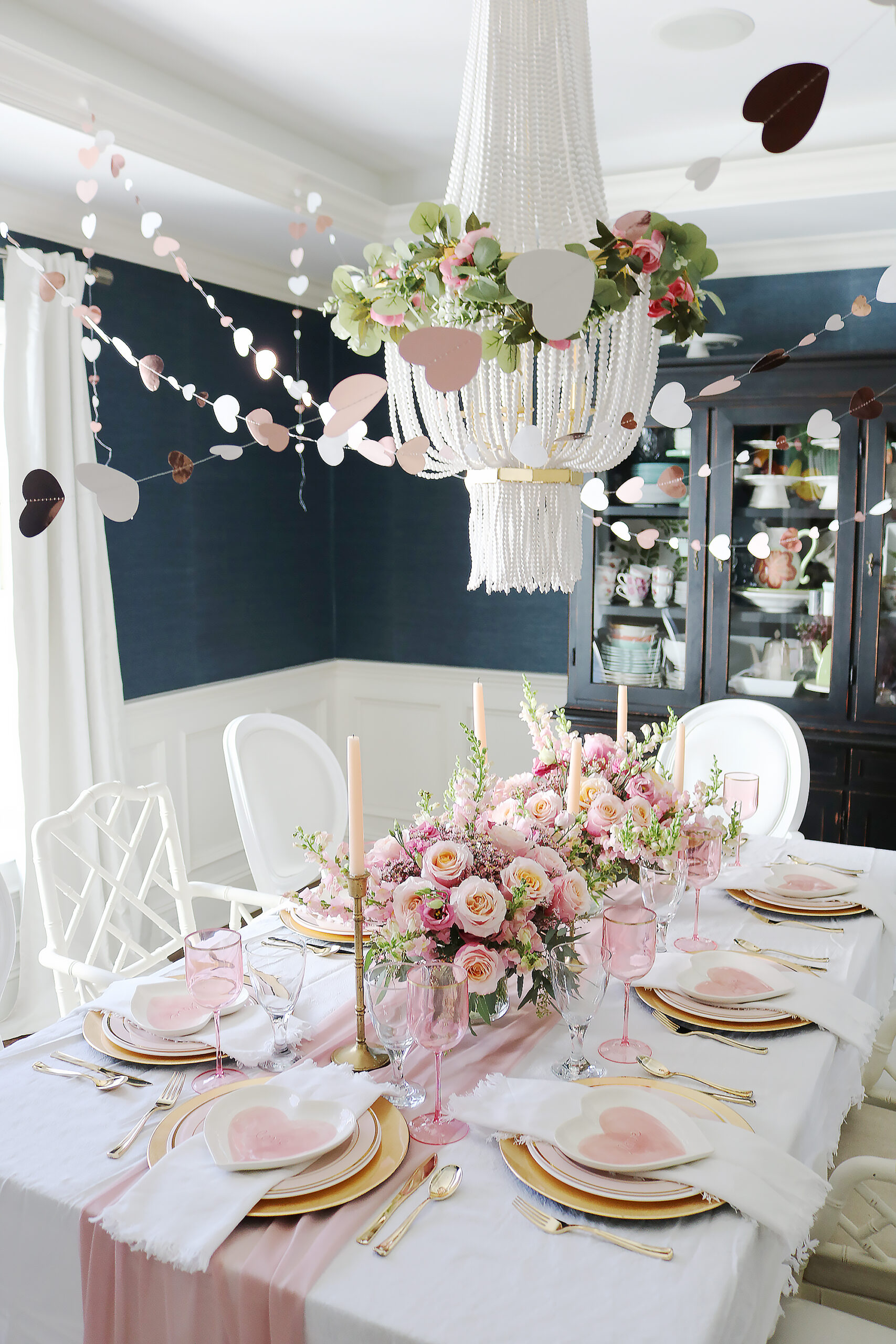 Hearts, Pink Roses and Love Written all Over this Pretty Valentine Tablescape for an intimate dinner celebrating friendships and Valentine's Day. || Darling Darleen TOP Lifestyle Blogger 