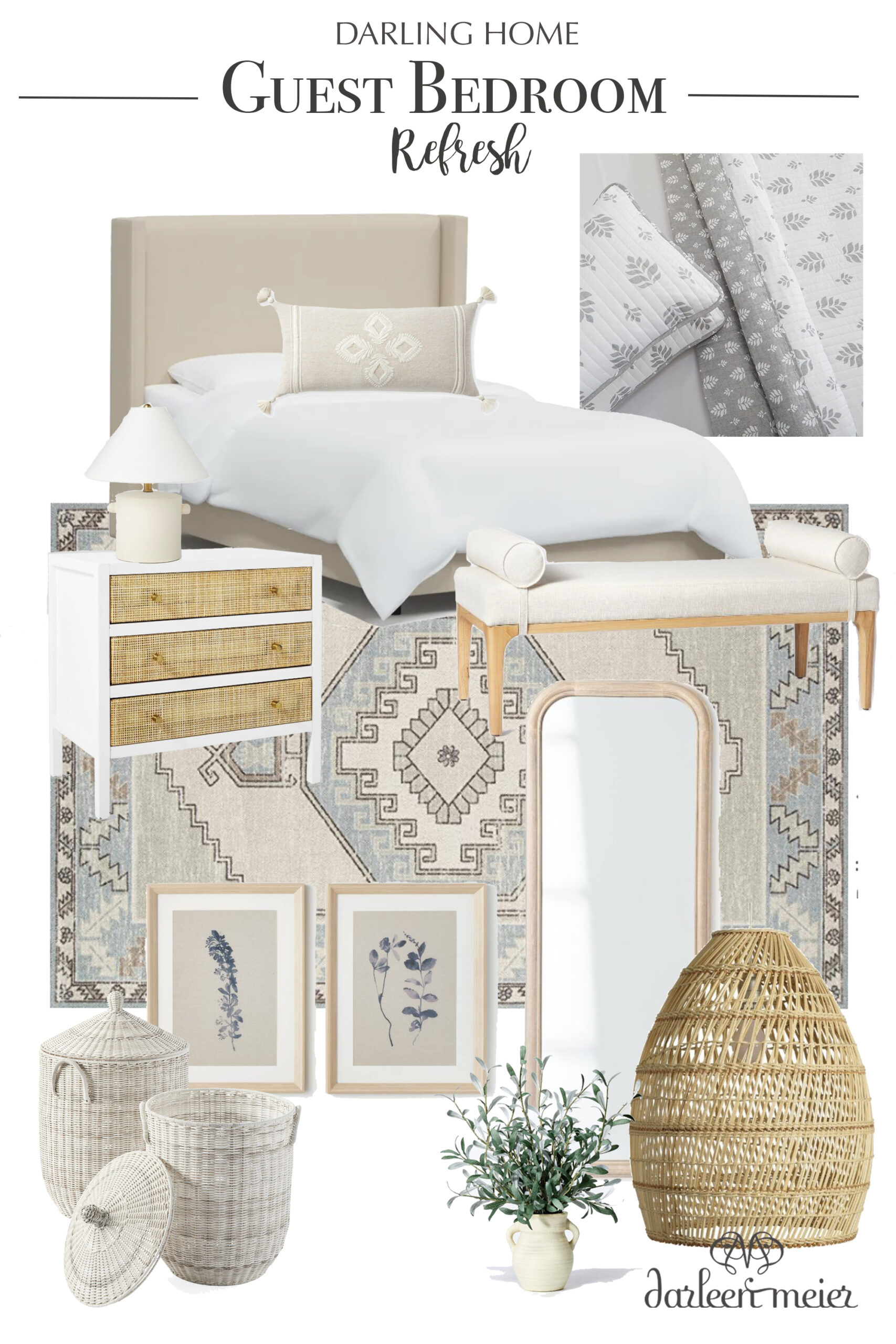 Guest Bedroom inspiration board that is cozy and inviting.  Perfect options for a coastal modern vibe with neutral colors of cane furniture. || Darling Darleen Top CT Lifestyle Blog